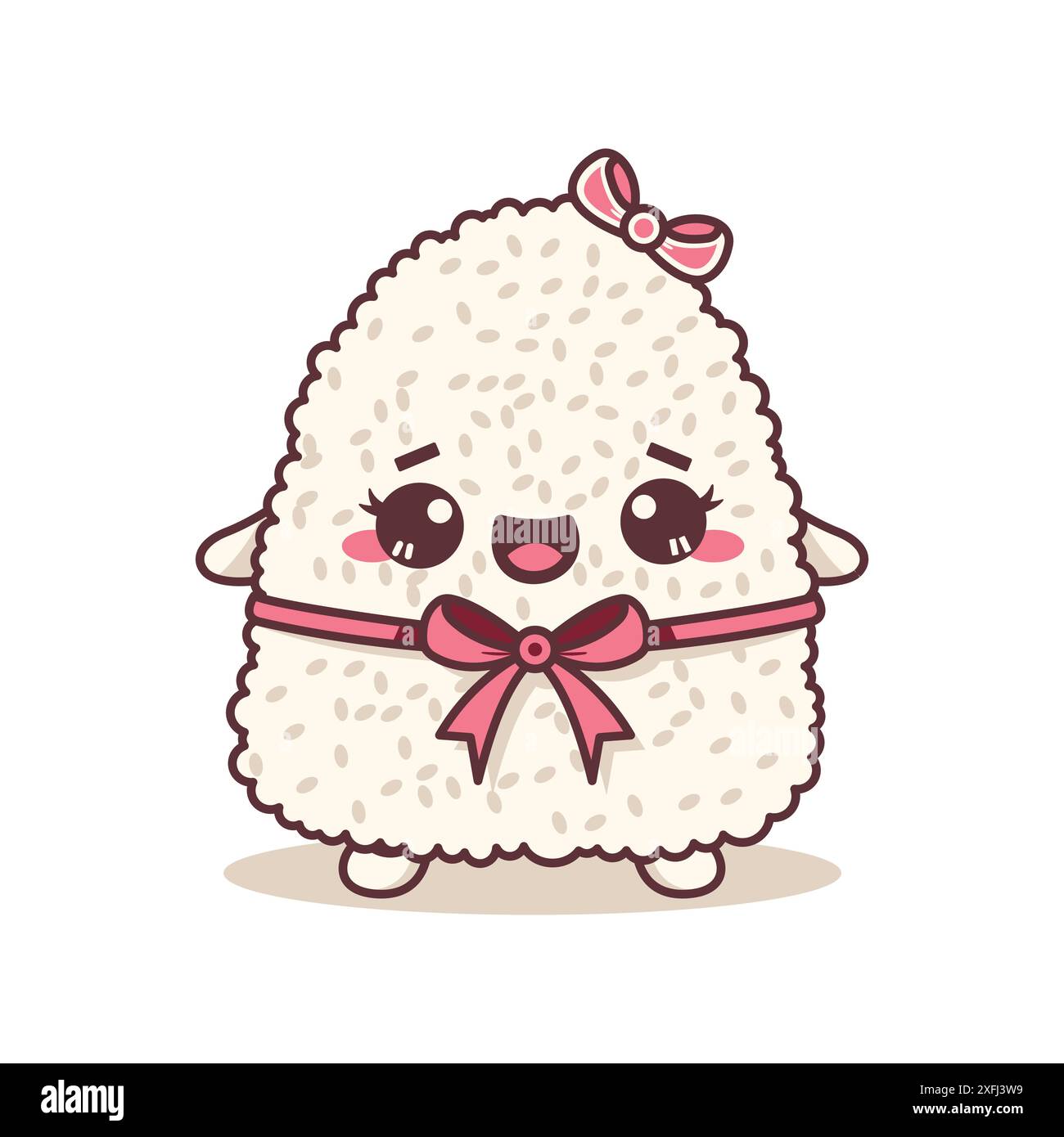 Mignon riz Onigiri personnage de dessin animé japonais portant un ruban rose avec expression de sourire Illustration de Vecteur