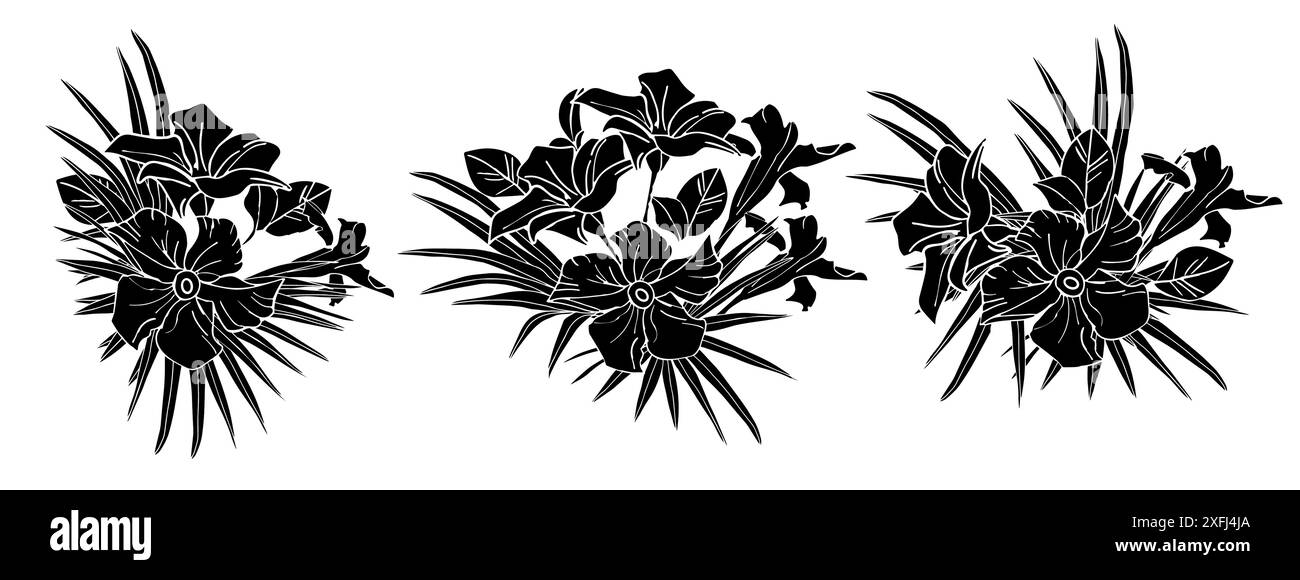 Composition de silhouette de fleur de jasmin et de feuilles de palmier pour la conception de carte, autocollants, scrapbook. Fleur tropicale délicate, fond vectoriel. Illustration de Vecteur Composition de silhouette de fleur de jasmin et de feuilles de palmier pour la conception de carte, autocollants, scrapbook. Fleur tropicale délicate, fond vectoriel. Illustration de Vecteur