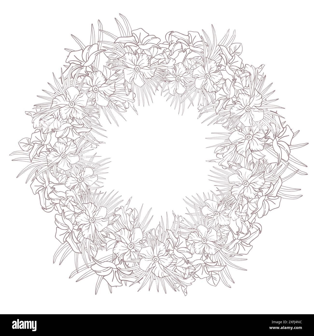 Fleur de jasmin et feuilles de palmier cadre de cercle d'art de ligne pour carte, invitation, scrapbook ou papier peint. Couronne délicate de fleurs tropicales, fond de vecteur. Illustration de Vecteur Fleur de jasmin et feuilles de palmier cadre de cercle d'art de ligne pour carte, invitation, scrapbook ou papier peint. Couronne délicate de fleurs tropicales, fond de vecteur. Illustration de Vecteur