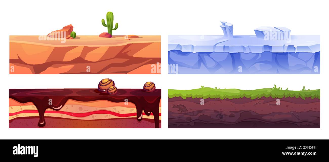 Texture paysage transparente définie pour l'interface utilisateur du jeu. Illustration vectorielle de dessin animé de désert de sable avec cactus, glace d'hiver et terre de neige, sol avec de l'herbe verte, biscuit au chocolat doux, modèles de plate-forme de jeu Illustration de Vecteur