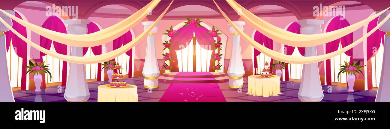 Cadre de mariage dans la salle de bal baroque d'un château médiéval rose luxueux. Arc floral de vecteur de dessin animé et décoration de tissu, gâteaux sur les tables pour la cérémonie de mariage et la fête dans la salle de hall du palais royal. Illustration de Vecteur