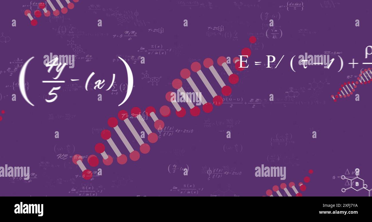 Image de chaînes d'adn et d'équations mathématiques sur fond violet Banque D'Images