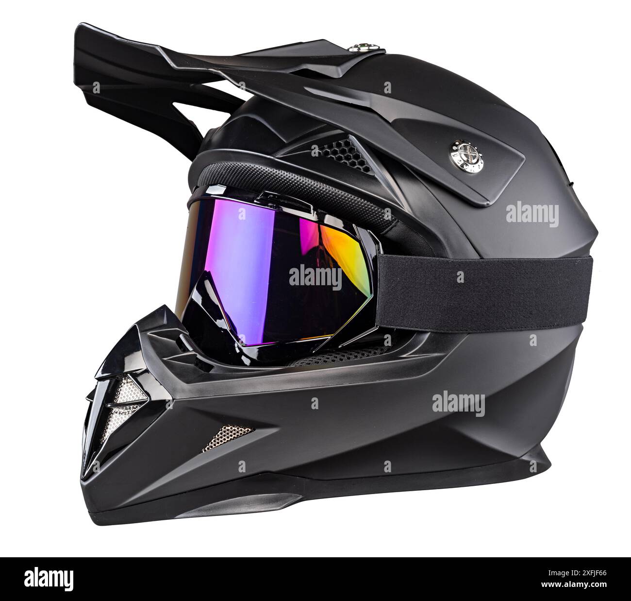 casque intégral noir moderne de motocross ou enduro downhill crash avec des lunettes de sécurité isolées sur fond blanc. Banque D'Images