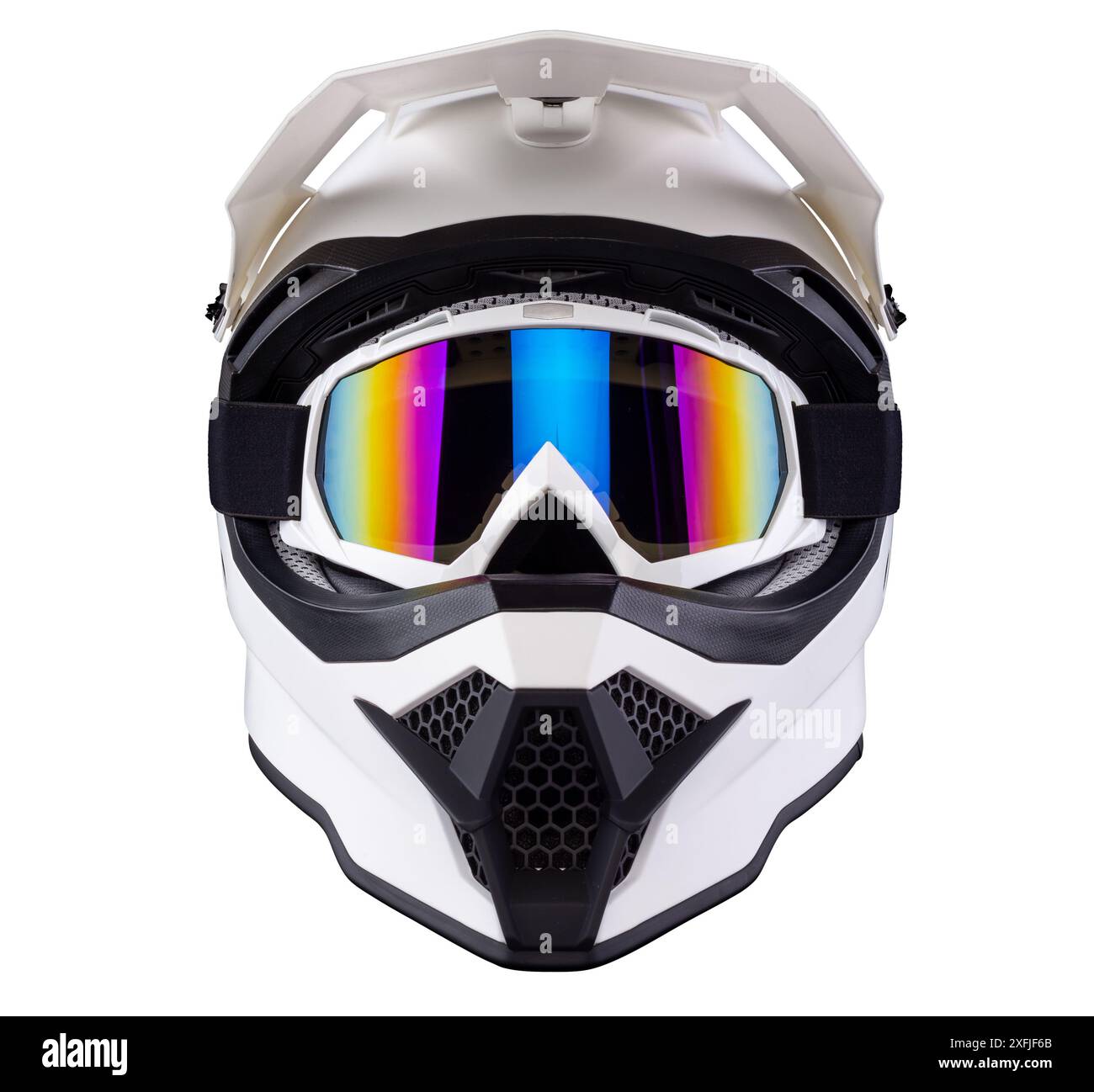 Casque intégral noir blanc de motocross ou enduro Downhill Crash avec des lunettes de sécurité de fond isolé. Banque D'Images
