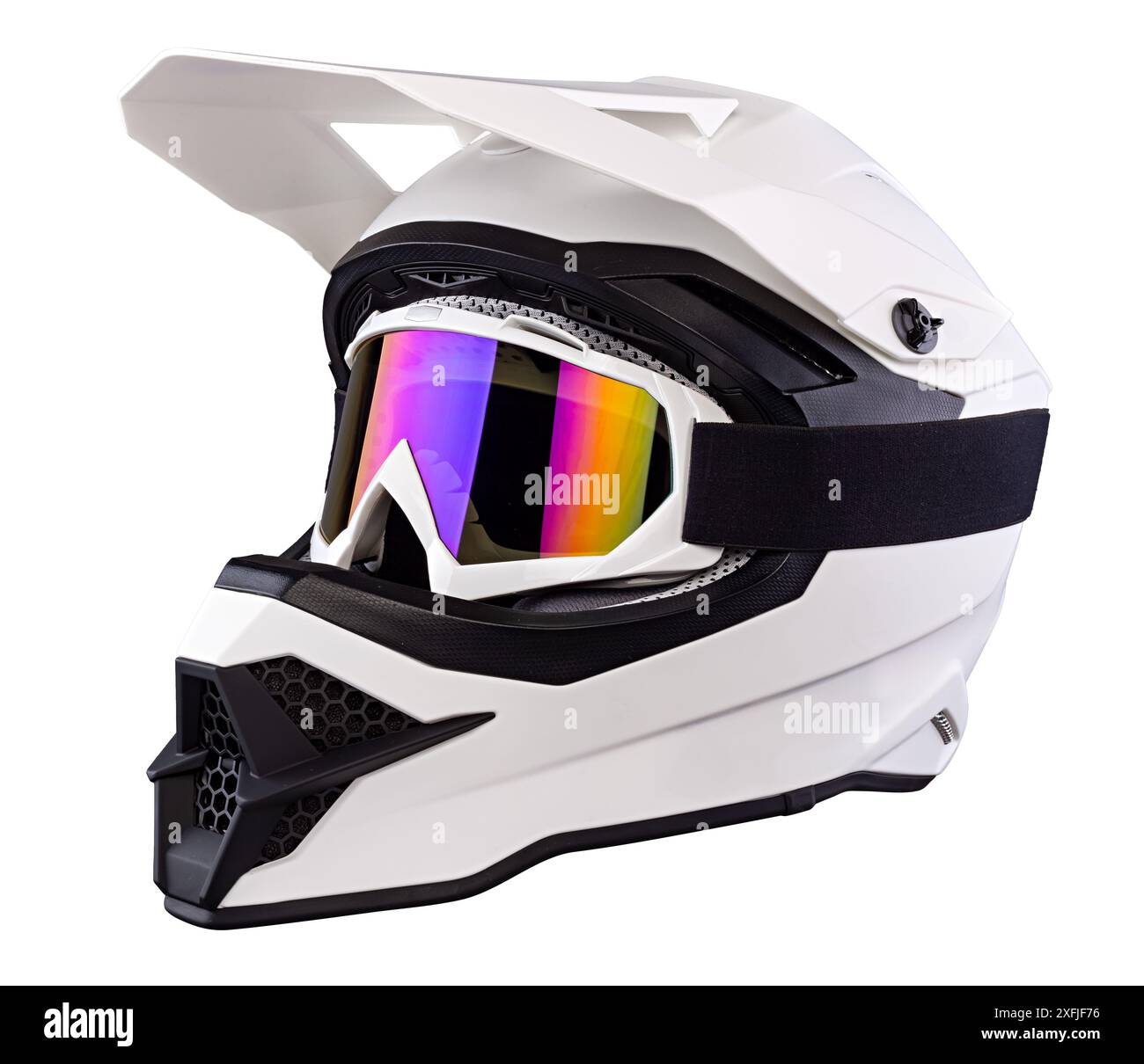Casque intégral noir blanc de motocross ou enduro Downhill Crash avec des lunettes de sécurité de fond isolé. Banque D'Images
