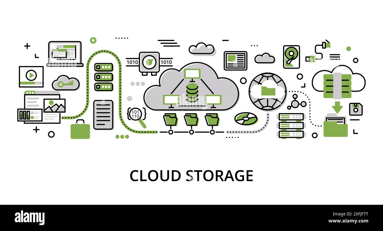 Infographie concept de stockage en nuage de verdure, illustration vectorielle moderne de ligne mince plate, pour la conception graphique et web Illustration de Vecteur Infographie concept de stockage en nuage de verdure, illustration vectorielle moderne de ligne mince plate, pour la conception graphique et web Illustration de Vecteur