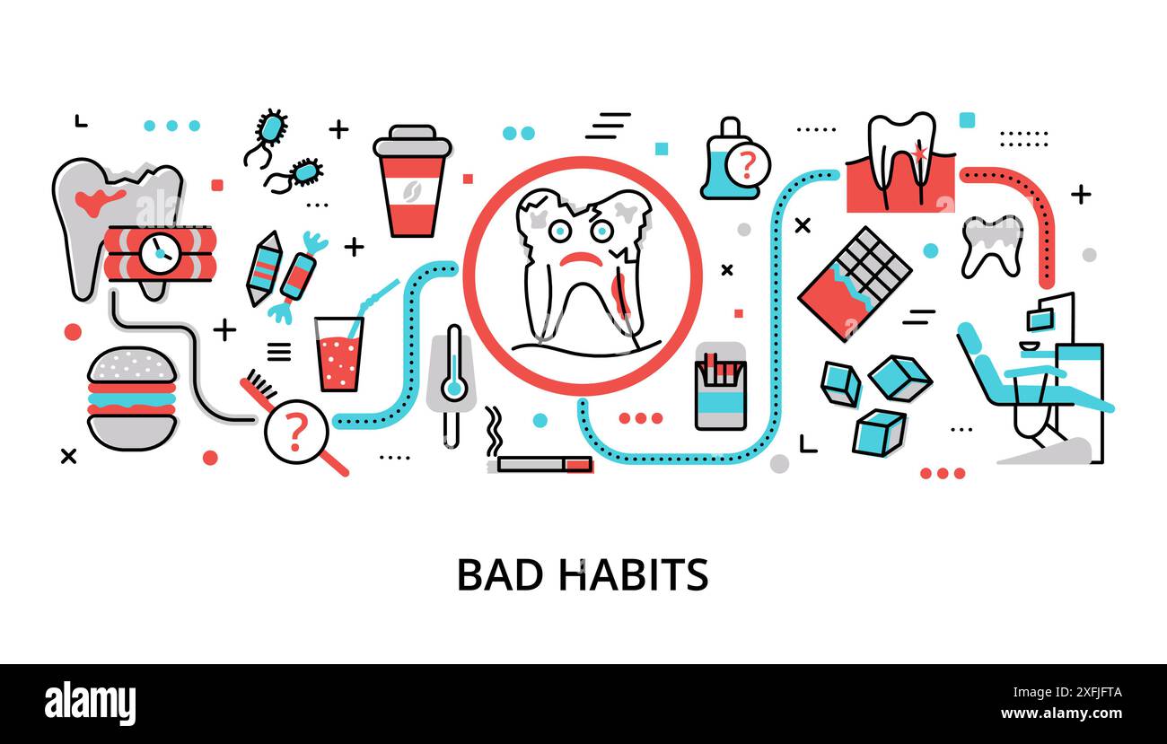 Infographie Bad habits concept, illustration vectorielle moderne de ligne mince plate, pour la conception graphique et web Illustration de Vecteur