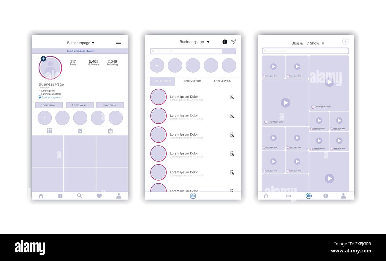 Ensemble de modèles de page Web d'applications photo et vidéo, interface utilisateur moderne et maquette de contenu pour site Web, concept de médias sociaux, vecteur de conception plat Illustration de Vecteur