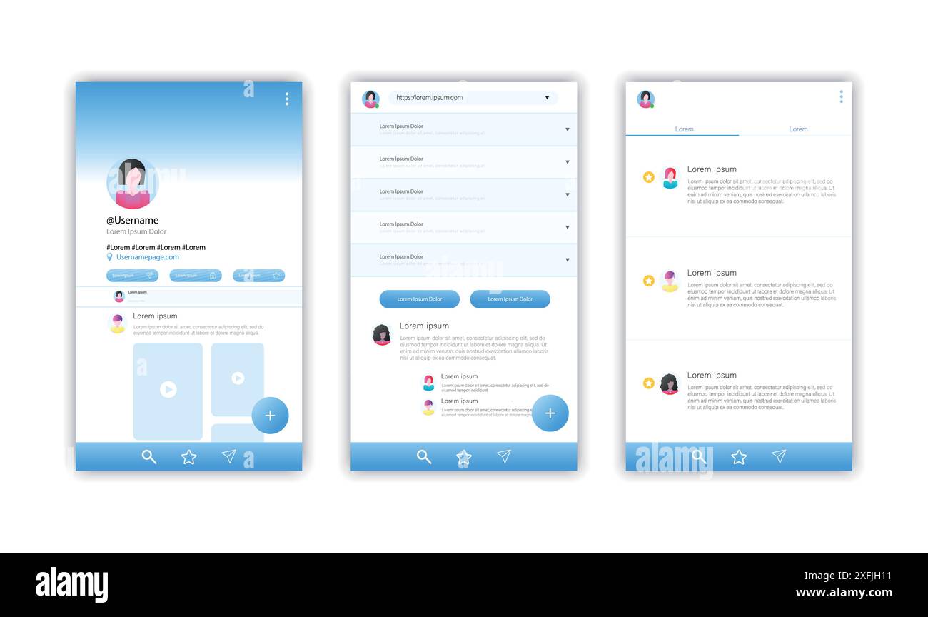 Ensemble de modèles de conception de page Web d'applications de nouvelles, interface utilisateur moderne et maquette de contenu pour le site Web, concept de médias sociaux, vecteur de conception plat ill Illustration de Vecteur