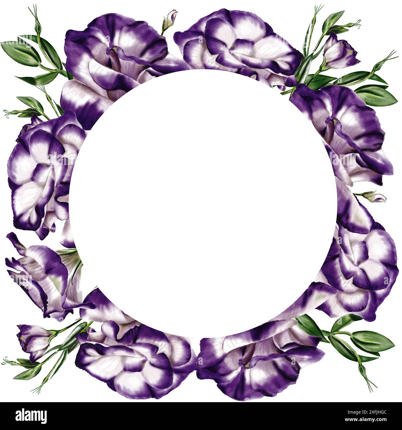 Grande couronne d'eustoma, lisianthus et bluebells. Blanc et violet. Grandes branches et bourgeons. Illustration aquarelle. Banque D'Images