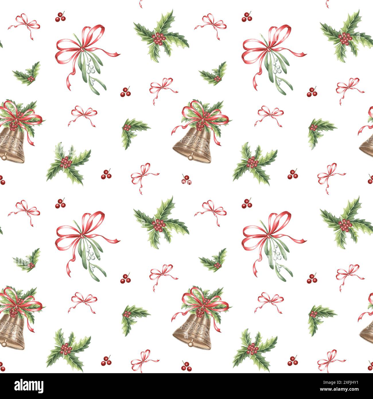Cloche de Noël et Mistletoe With Bow et Holly. Motif sans couture. Illustration aquarelle dessinée à la main plantes traditionnelles et décoration pour l'hiver Banque D'Images