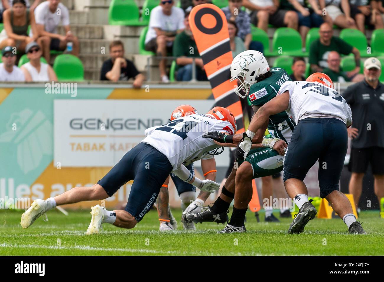 Niklas Herrmann (21, DB, IFM Razorbacks Ravensburg) und Henri Moudilou (31, DL, IFM Razorbacks Ravensburg) stoppen JJ Brania-Hopp (7, WR, Schwaebisch Hall Unicorns) GER, Schwaebisch Hall Unicorns vs IFM Ravensburg Razorbacks, American Football, GFL, saison 2024, week 8, 29.06.2024, Foto : Eibner-Pressefoto/Florian Wolf Banque D'Images