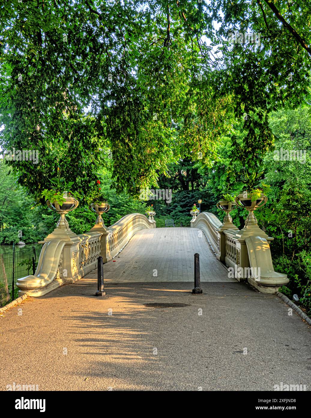 Bow Bridge, Central Park, New York City, tôt le matin en été Banque D'Images