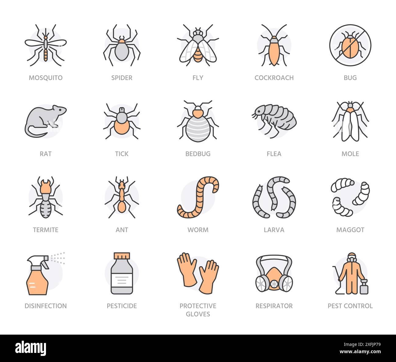 Icônes de ligne plate de lutte antiparasitaire définies. Moustique, araignée, mouche, cafard, rat, termites, illustrations vectorielles de pulvérisation de pesticides. Décrivez les signes de désinfection Illustration de Vecteur