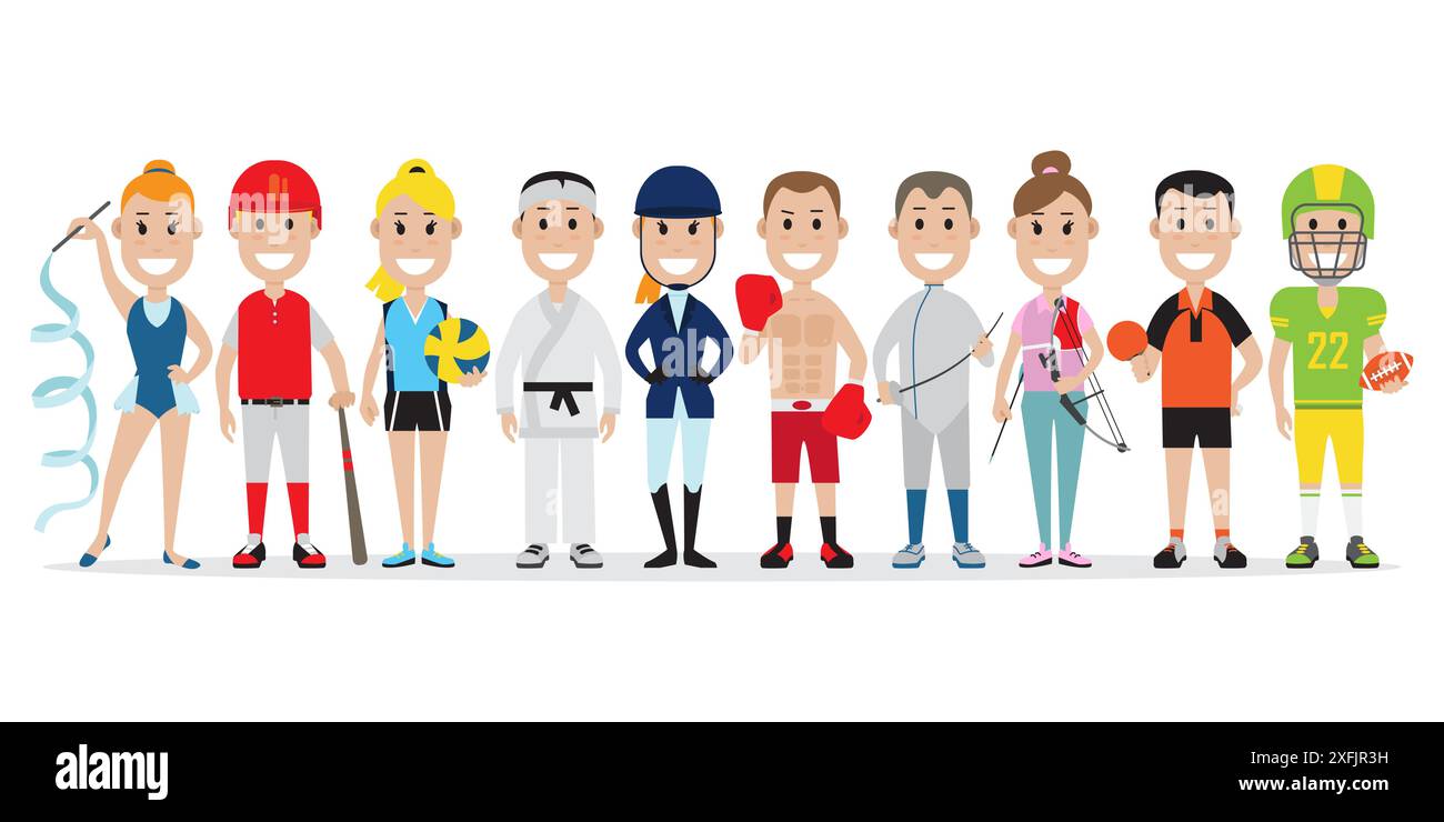 Ensemble de personnes liées aux différents sports tels que la gymnastique, le baseball, le volley-ball et d'autres, illustration vectorielle plate Illustration de Vecteur