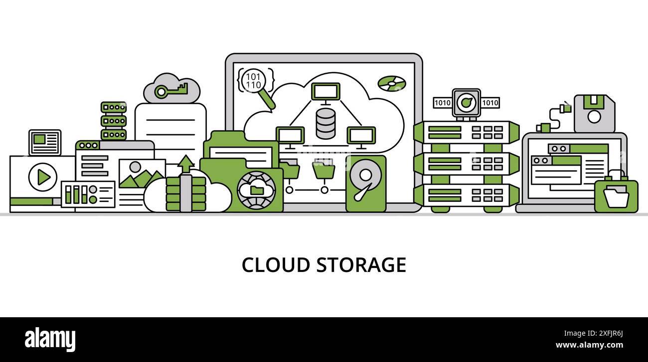 Infographie concept de stockage en nuage de verdure, illustration vectorielle moderne de ligne mince plate, pour la conception graphique et web Illustration de Vecteur Infographie concept de stockage en nuage de verdure, illustration vectorielle moderne de ligne mince plate, pour la conception graphique et web Illustration de Vecteur