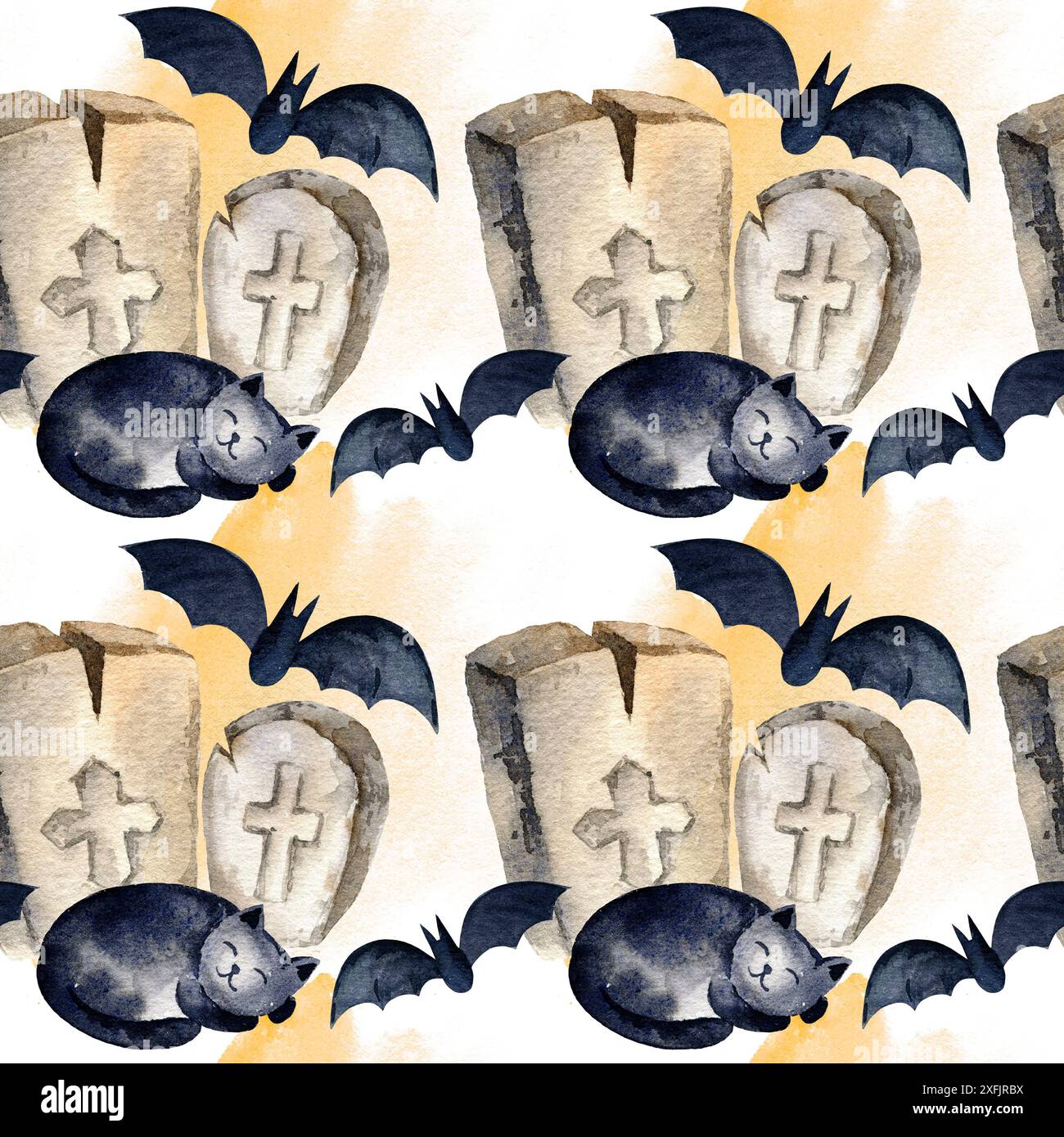 Aquarelle modèle sans couture du thème d'Halloween avec pierre tombale, chat noir endormi, chauves-souris, illustration de dessin animé dessinée à la main pour l'événement d'octobre contre Ora Banque D'Images