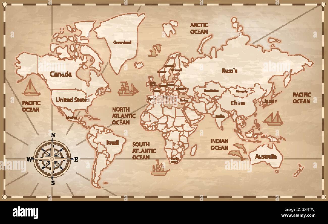 Carte du monde antique avec la division des continents en états, illustration vectorielle réaliste en gros plan Illustration de Vecteur
