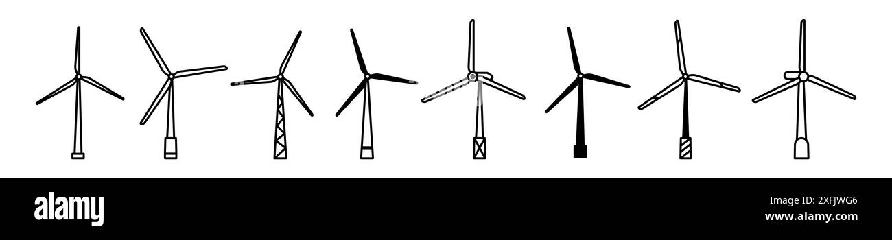 Ensemble de formes de ligne de générateurs d'énergie éolienne, illustration vectorielle de conception de ligne mince, isolé Illustration de Vecteur