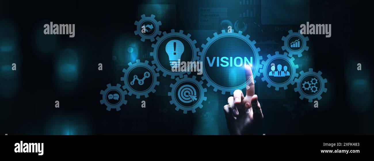 Vision de la stratégie de développement commercial de la mission sur écran virtuel. Banque D'Images
