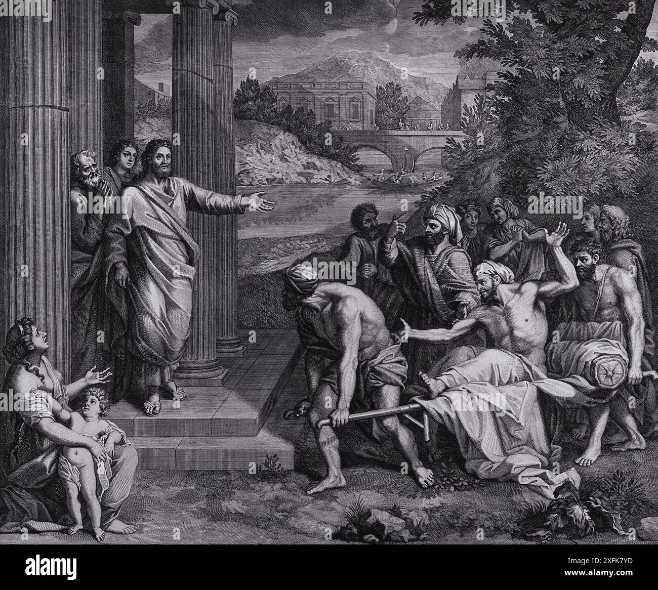 Une gravure dramatique représentant la scène biblique du Christ guérissant un paralytique. Christ, debout sur une plate-forme surélevée, tend la main vers l'homme paralysé, qui est porté par quatre hommes. La scène se déroule dans un paysage classique avec des colonnes, un pont et une rivière. Les figures sont représentées avec beaucoup de détails et d'émotion, capturant le moment de guérison et l'admiration de ceux qui en sont témoins. Banque D'Images