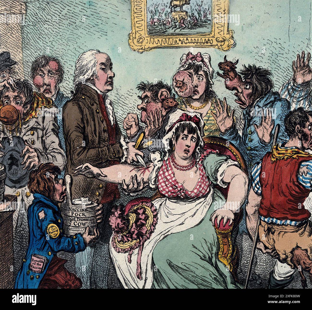 Edward Jenner est représenté en train d'administrer le vaccin contre la variole à des patients de l'hôpital de Pancras en 1802. Cette gravure imaginative de James Gillray met en évidence les premiers jours de la vaccination. L’artiste illustre avec humour des patients développant des traits bovins, reflétant les peurs et les superstitions de l’époque concernant la nouvelle pratique médicale. Banque D'Images