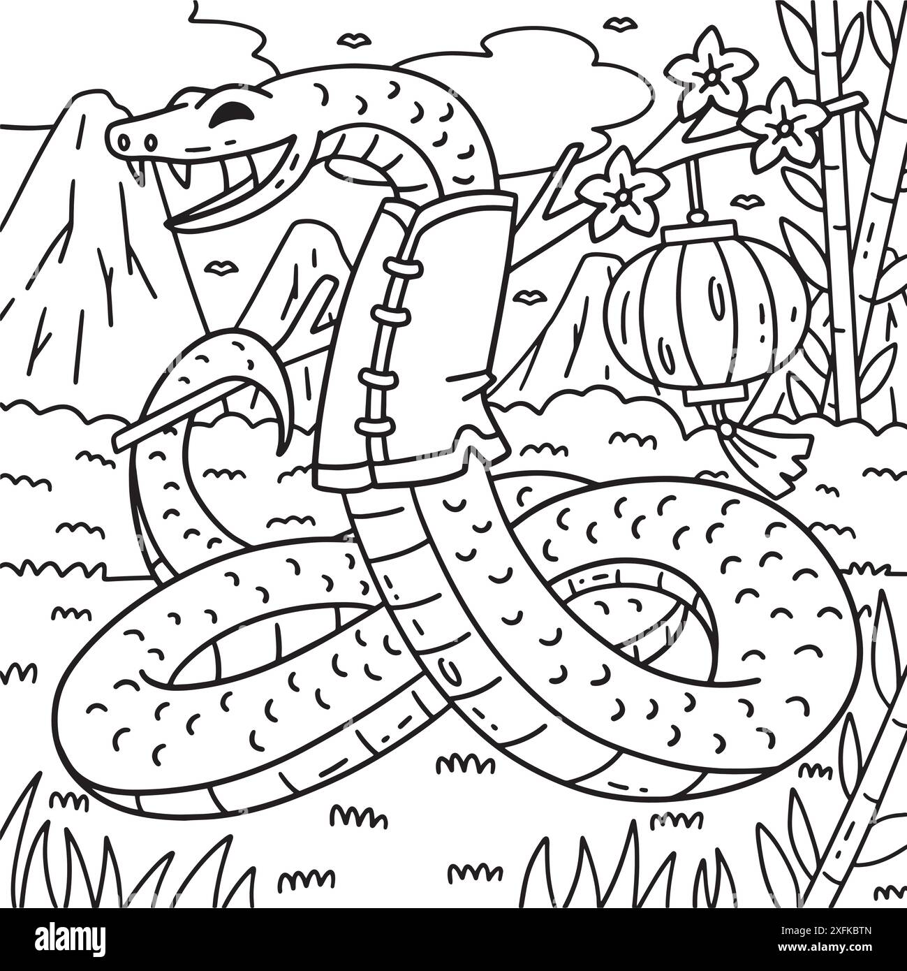 Année du serpent avec page de coloriage de lanterne Illustration de Vecteur