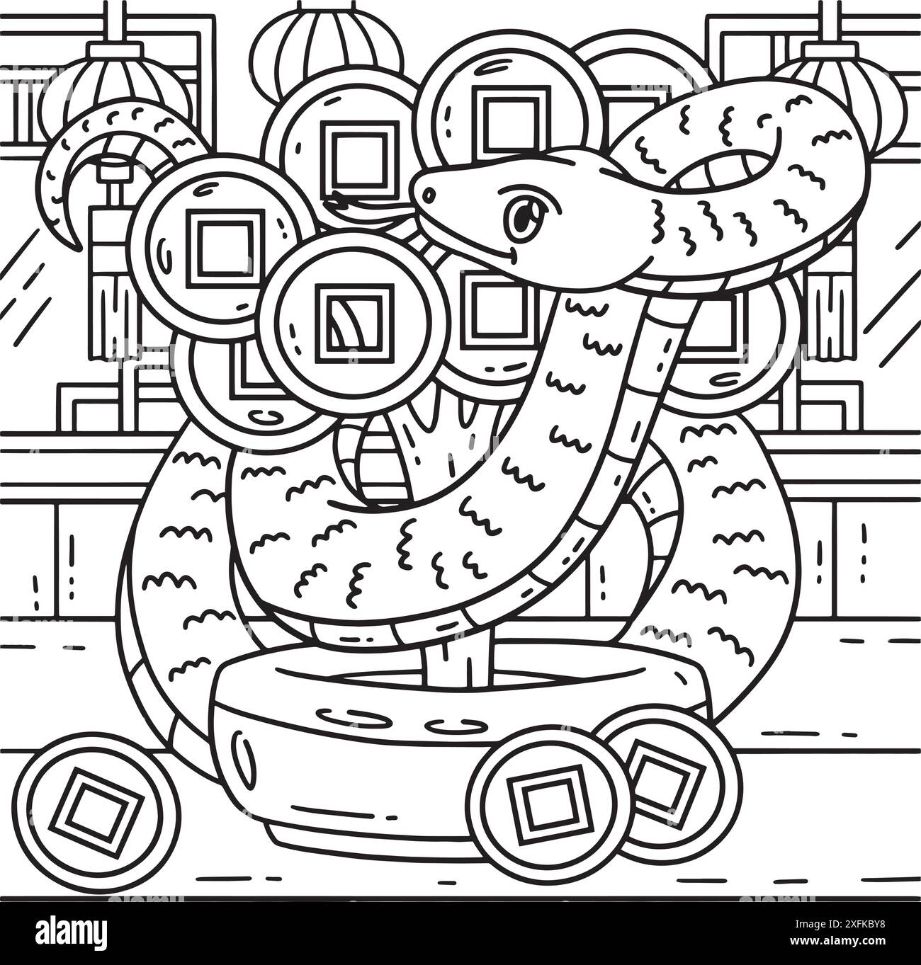 Année du serpent et coin de l'arbre à colorier Illustration de Vecteur