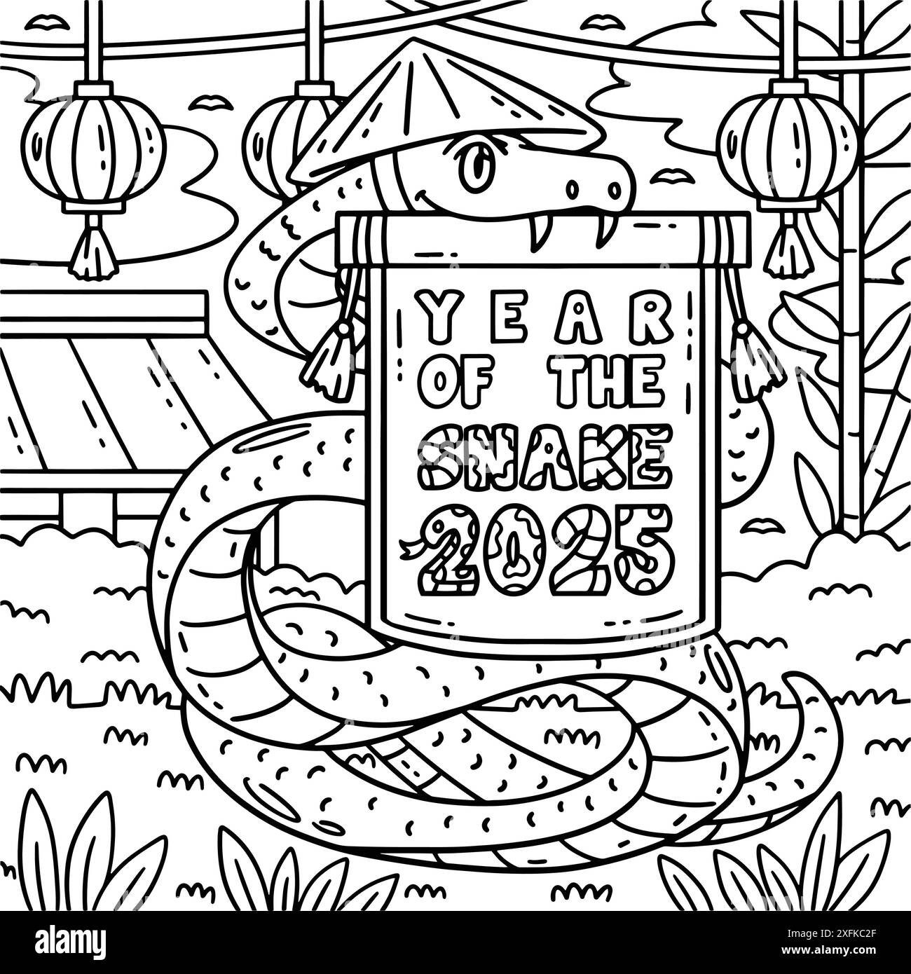 Année du serpent 2025 page de coloriage de bannière Illustration de Vecteur