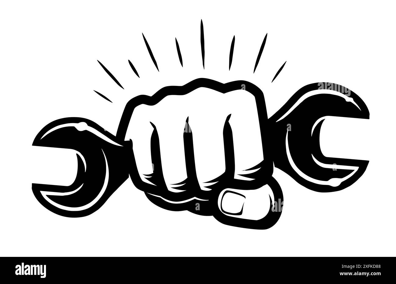 Symbole ou logo de travail d'entretien, de réparation. Emblème de clé à main. clé à outils dans le poing. Illustration vectorielle Illustration de Vecteur