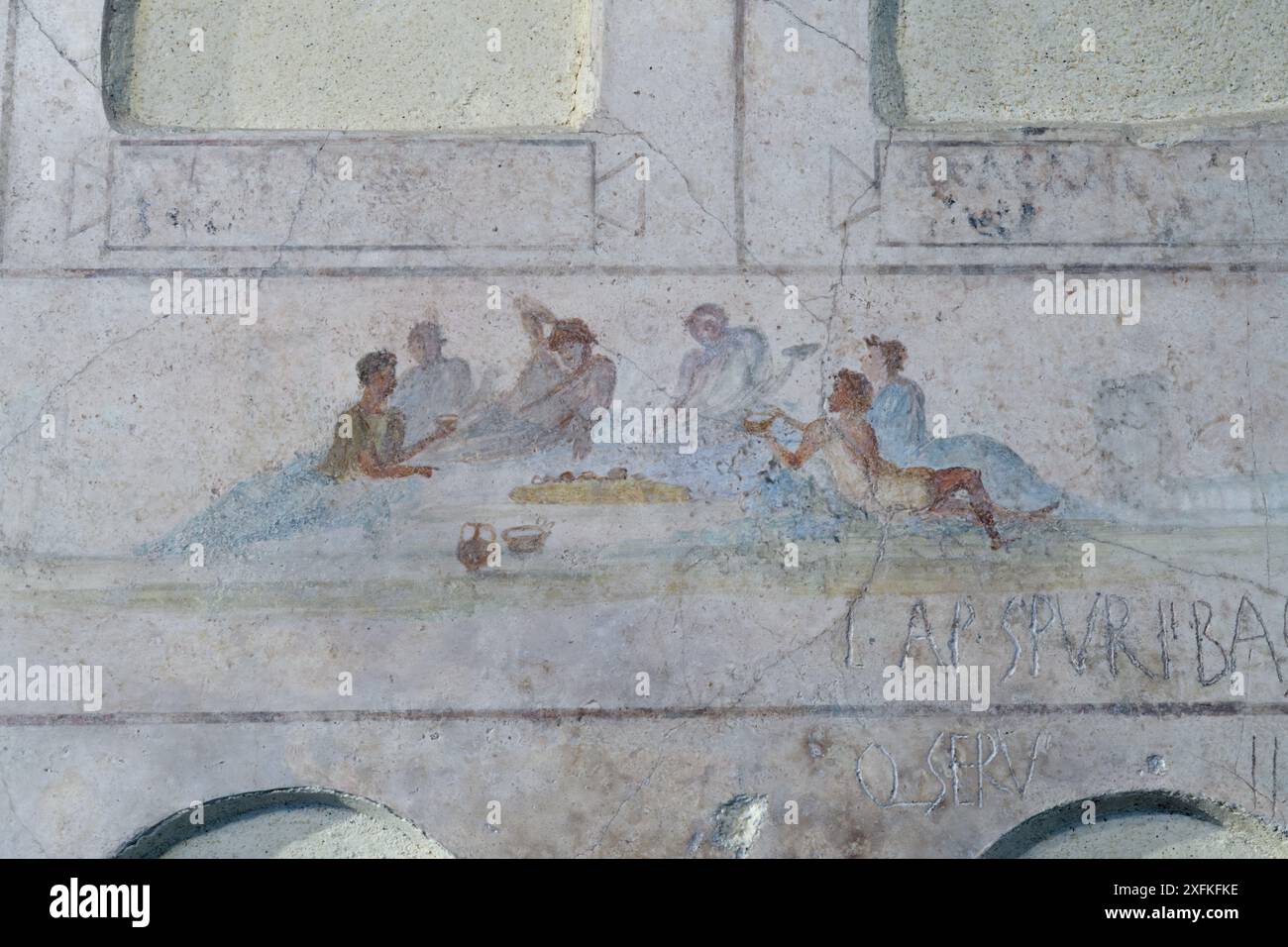 Fresque du Grand Columbarium de Villa Doria Pamphili. Détail avec scène de banquet (symposium). Rome, Italie Banque D'Images