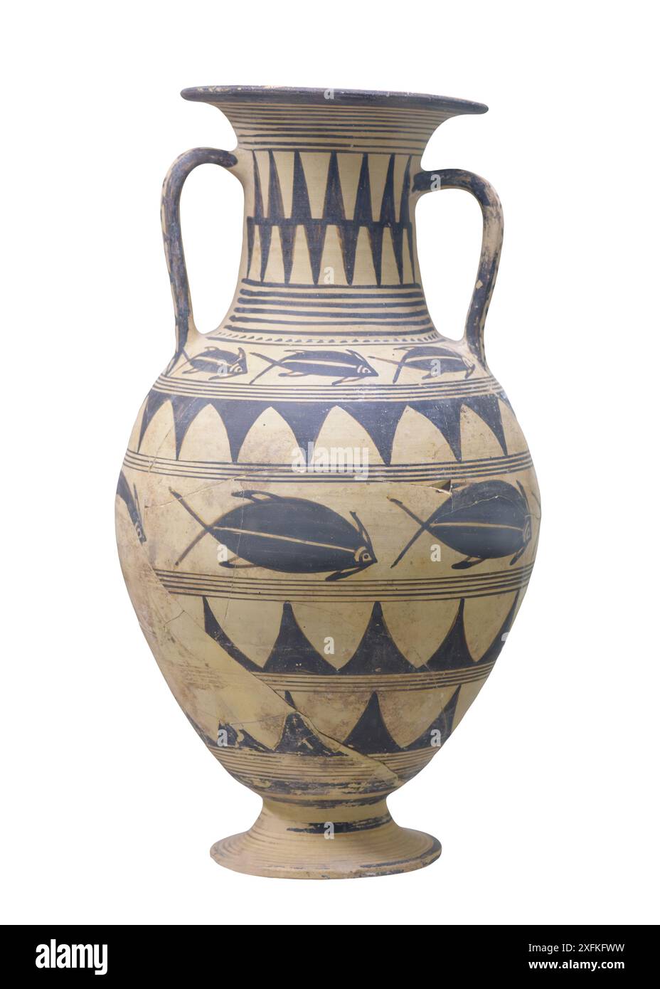 Amphore de poterie étrusque avec des séries de poissons et de triangles, de la tombe 2 de Banditaccia, 700-670 av. J.-C. Banque D'Images