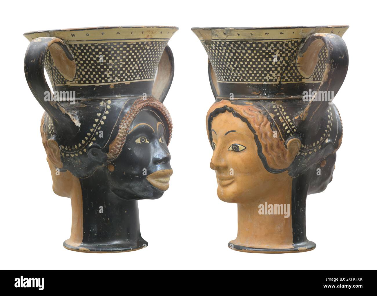 Attic Janiform Kantharos Cup, 470 av. J.-C. Janiform kantharos avec têtes addorsed d'une femme africaine et grecque Banque D'Images