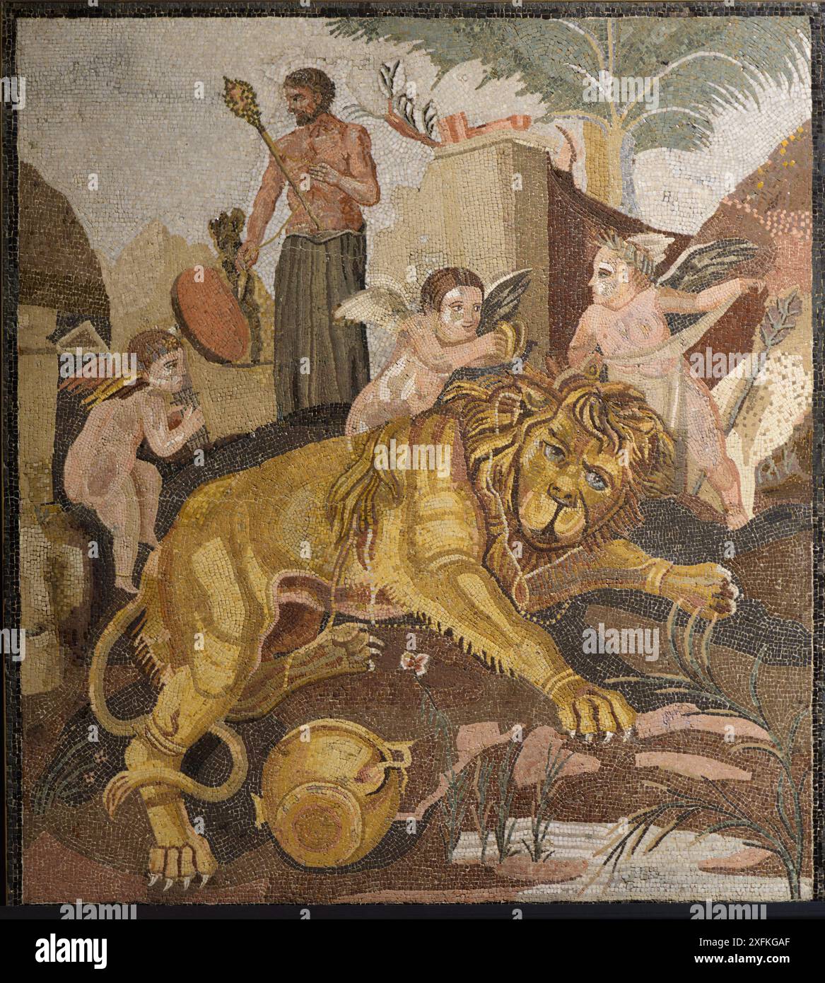 Mosaïque avec Lions et Cupids.. Fin du 1er siècle av. J.-C. De Porto d'Anzio, Selva Pamphilj. Italie Banque D'Images