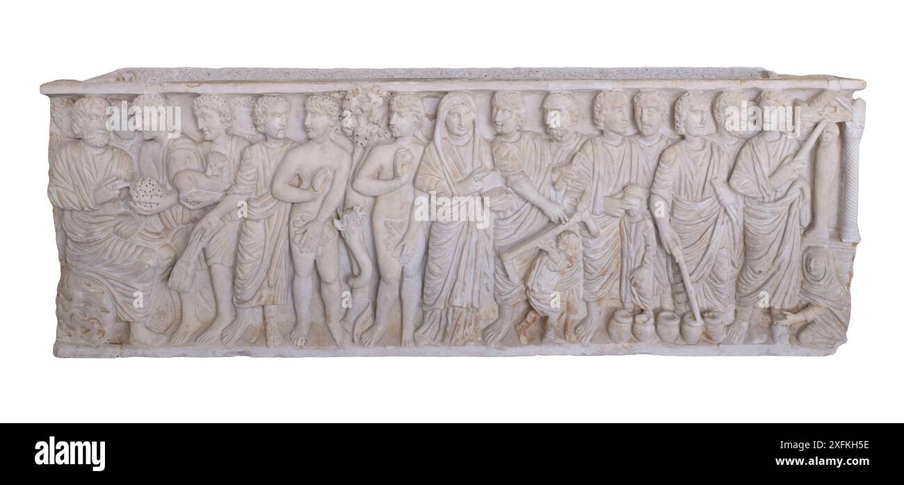 Front de sarcophage avec frise continue avec des scènes de miracles de la vie du Christ Banque D'Images