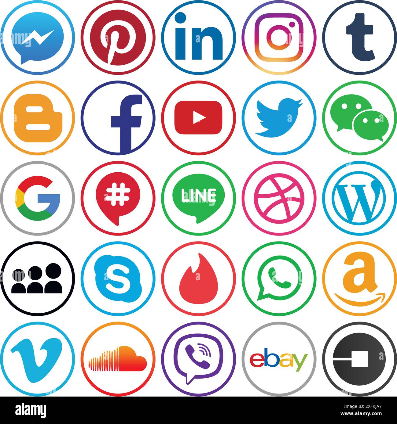 12 décembre 2018 : ensemble d'icônes populaires de médias sociaux de cercle : Facebook, Twitter, Google plus, Instagram, Pinterest, LinkedIn, Tumblr et autres Illustration de Vecteur