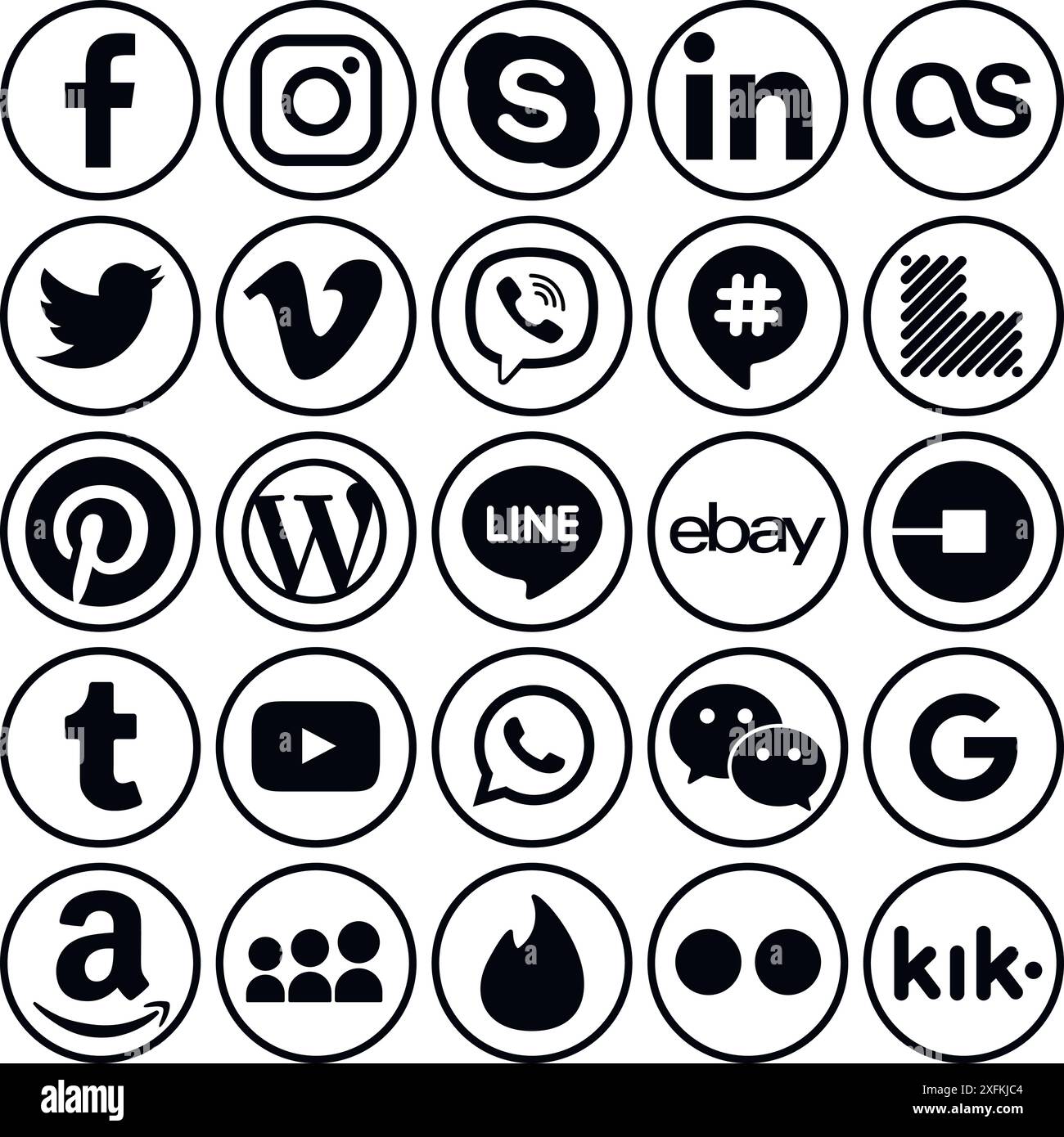 12 décembre 2018 : ensemble d'icônes populaires rondes noires de médias sociaux : Facebook, Twitter, Google plus, Instagram, Pinterest, LinkedIn, Tumblr et autres Illustration de Vecteur