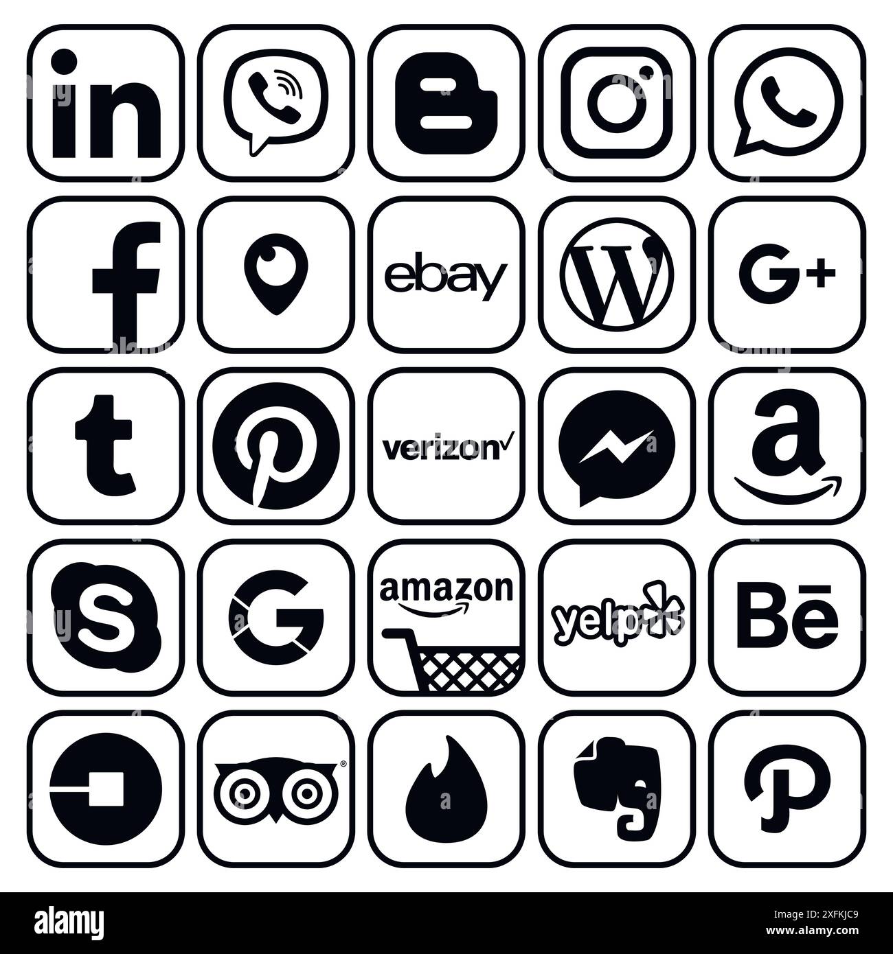 01 juin 2018 : ensemble de médias sociaux populaires et d'autres icônes avec la jante noire : LinkedIn, Blogger, Instagram, Amazon, Whatsapp, eBay et autres Illustration de Vecteur
