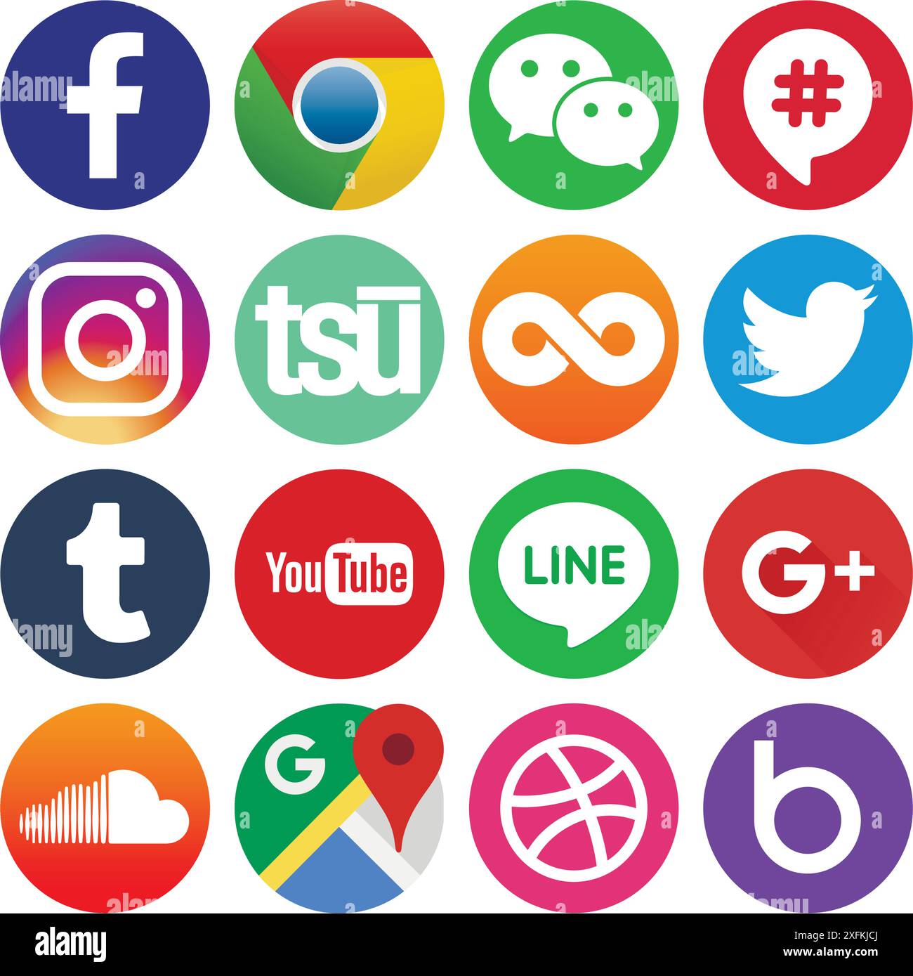 12 décembre 2018 : ensemble d'icônes populaires de médias sociaux de cercle : Facebook, Twitter, Google plus, Instagram, Line, YouTube et autres Illustration de Vecteur