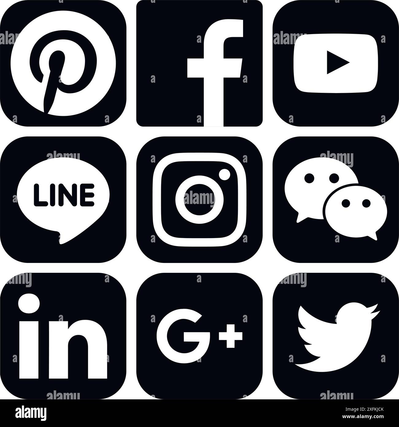 27 juin 2017 : icônes populaires des médias sociaux noirs : Facebook, Twitter, Google plus, Instagram, Pinterest, LinkedIn, WeChat, Line et Youtube Illustration de Vecteur