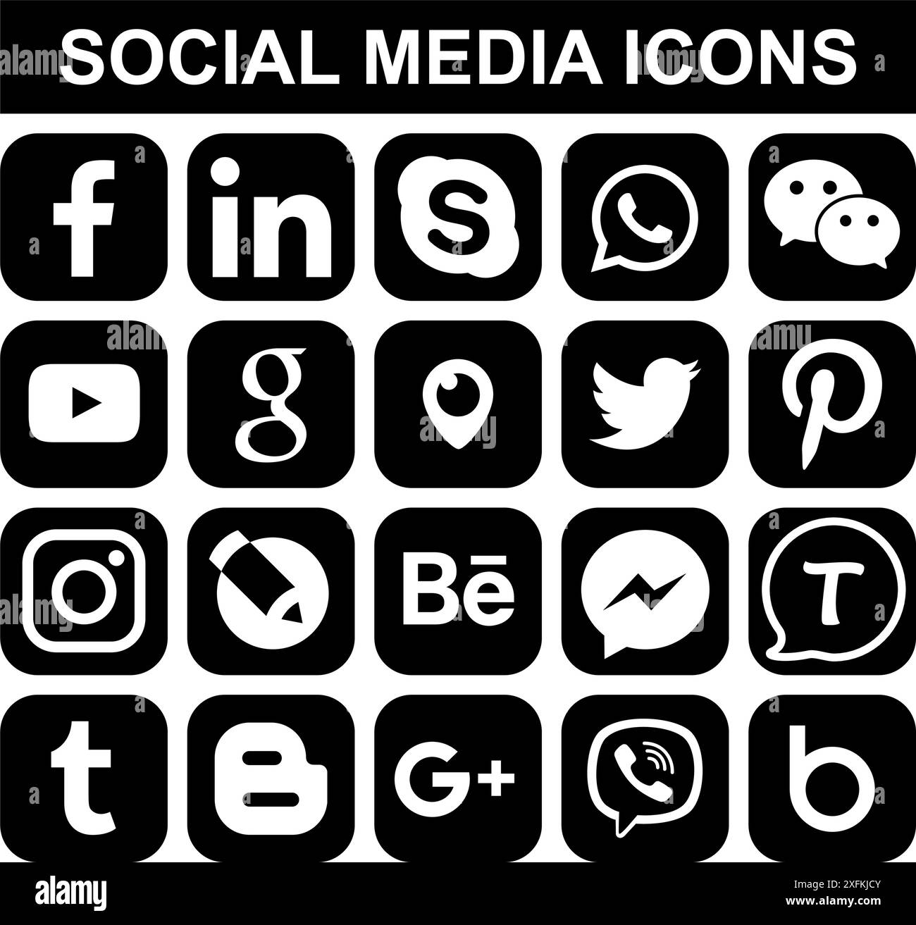 21 février 2020 : ensemble d'icônes populaires de médias sociaux noirs : Facebook, Twitter, Skype, Instagram, Pinterest, LinkedIn, Tumblr et autres Illustration de Vecteur