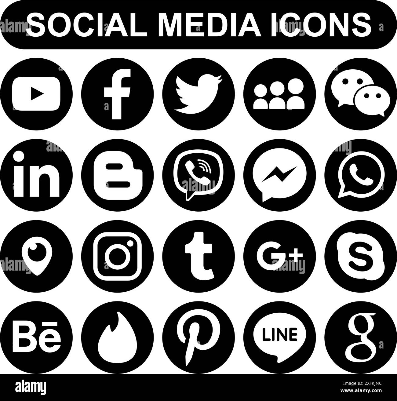 21 février 2020 : ensemble d'icônes populaires rondes noires de médias sociaux : Facebook, Twitter, Google plus, Instagram, Pinterest, LinkedIn, Tumblr et autres Illustration de Vecteur