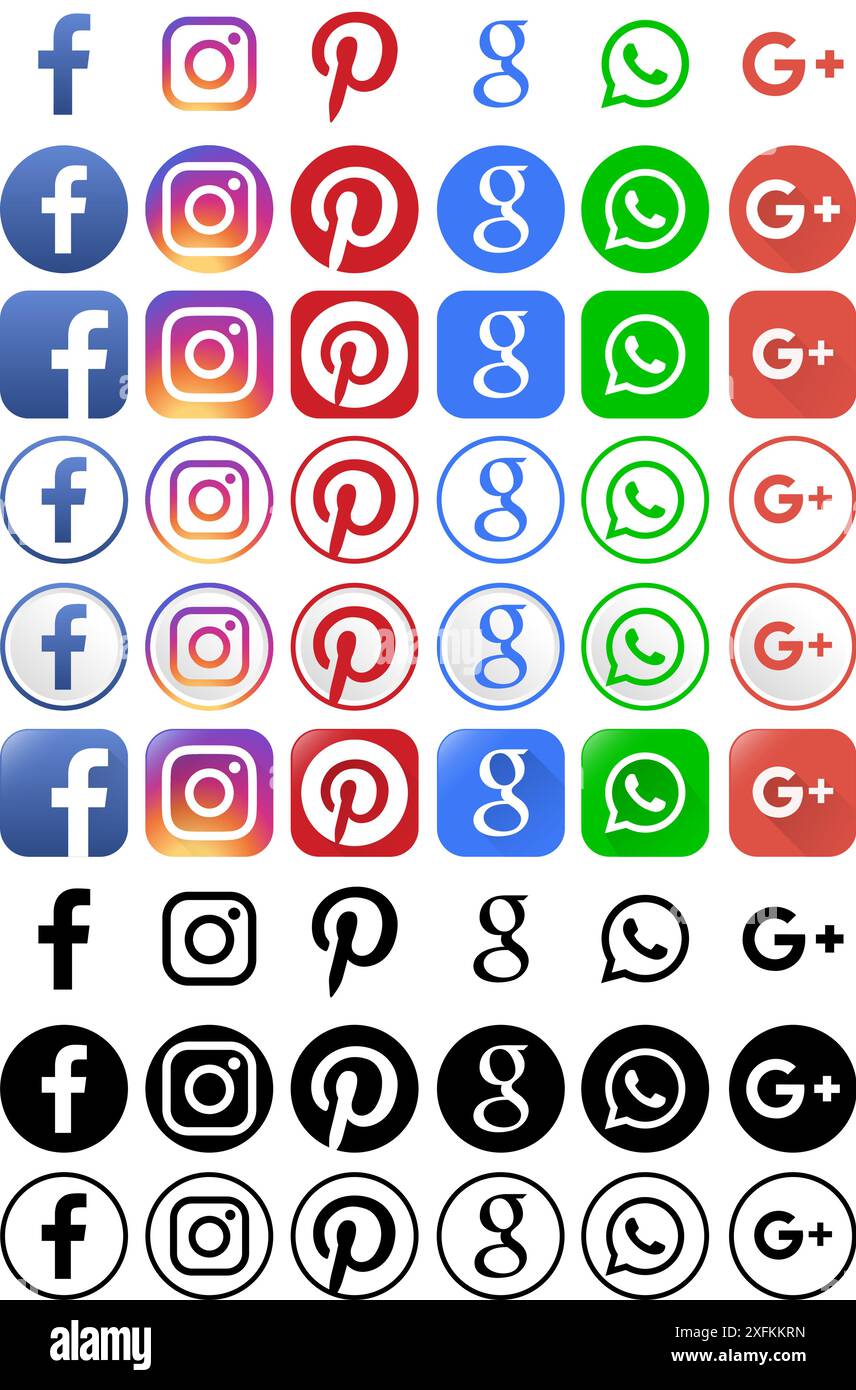 Kiev, Ukraine - mars 10, 2021 : médias sociaux populaires et d'autres icônes sous différentes formes, telles que : Facebook, Instagram, Pinterest, Google, WhatsApp, allez Illustration de Vecteur