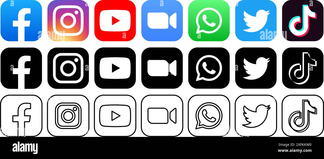 Kiev, Ukraine - 11 mars 2021 : icônes populaires de médias sociaux dans des formes originales, noires et lignes, telles que : Facebook, Instagram, Youtube, Zoom, WhatsApp, T Illustration de Vecteur