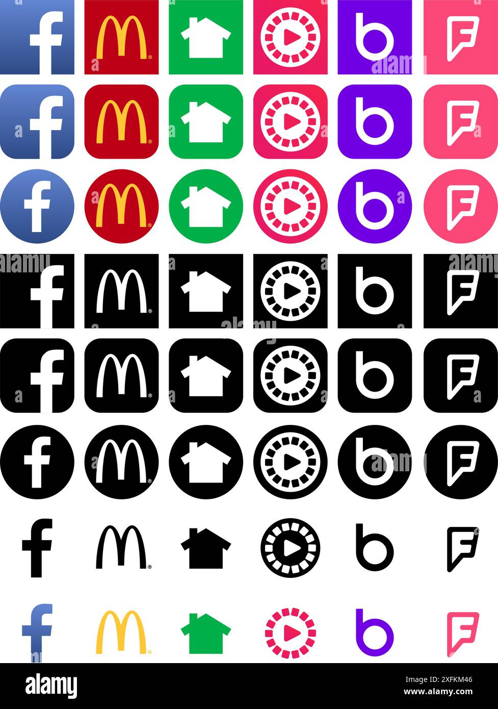 Kiev, Ukraine - mars 10, 2021 : médias sociaux populaires et d'autres icônes sous différentes formes, telles que : Facebook, McDonalds, Nextdoor, Flipagram, Badoo, fou Illustration de Vecteur