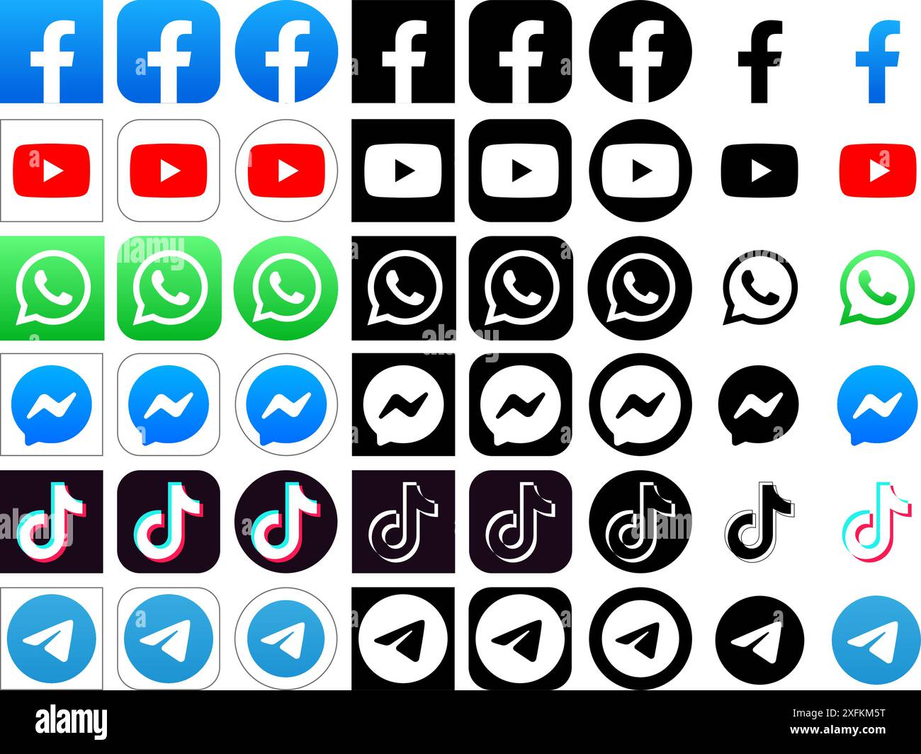 Kiev, Ukraine - 15 mars 2021 : icônes populaires de médias sociaux sous différentes formes, telles que : Facebook, Youtube, WhatsApp, Messenger, TikTok et Telegram. Illustration de Vecteur