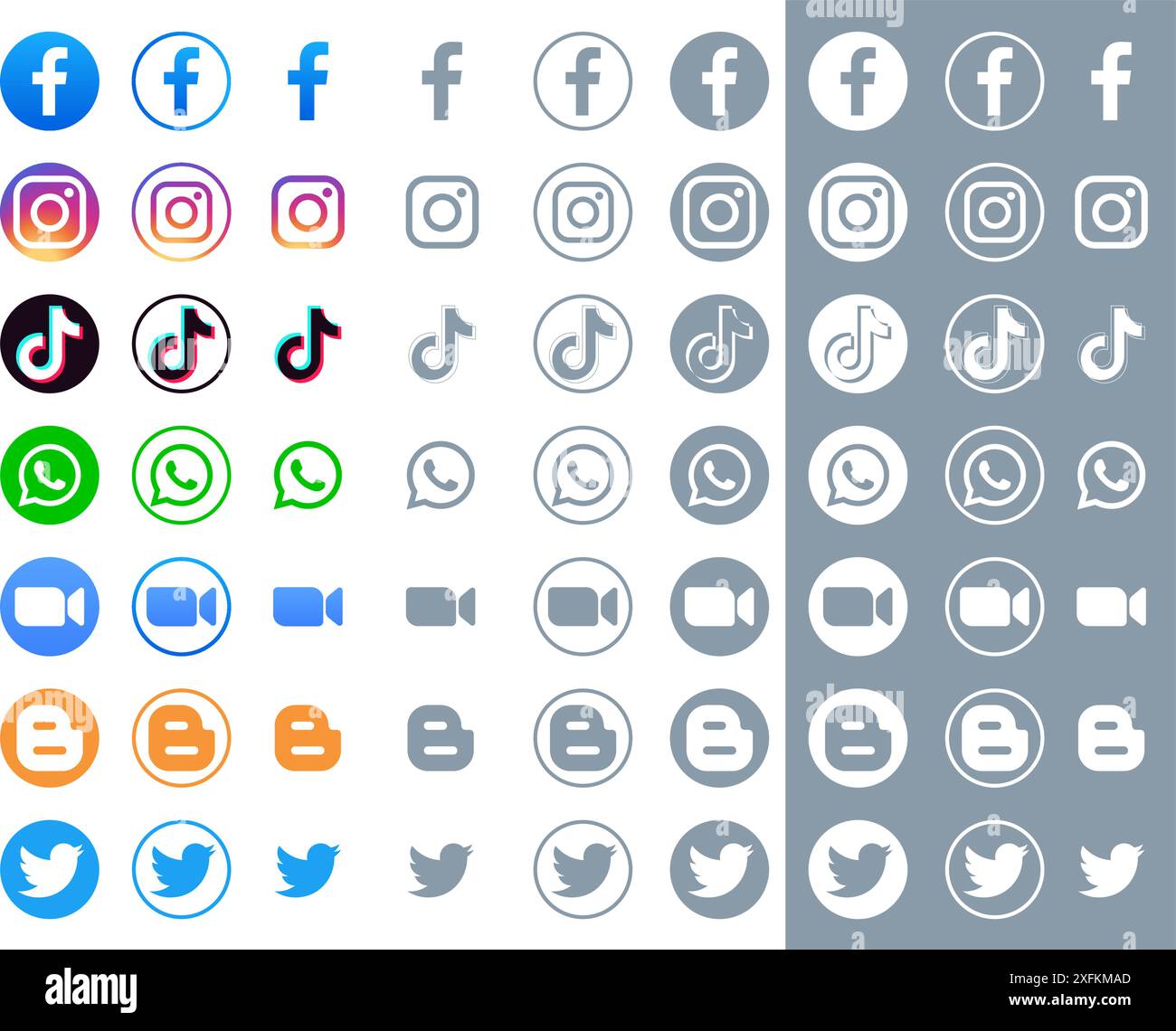 Kiev, Ukraine - 11 mars 2021 : icônes populaires de médias sociaux sous différentes formes, telles que : Facebook, Instagram, TikTok, WhatsApp, zoom, Blogger, Twitter Illustration de Vecteur