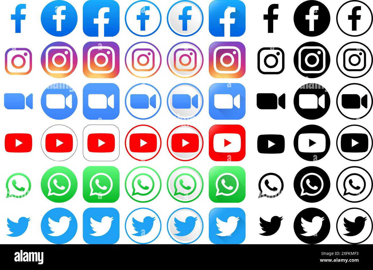 Kiev, Ukraine - 15 mars 2021 : icônes populaires de médias sociaux sous différentes formes, telles que : Facebook, Instagram, Zoom, Youtube, WhatsApp et Twitter. VEC Illustration de Vecteur