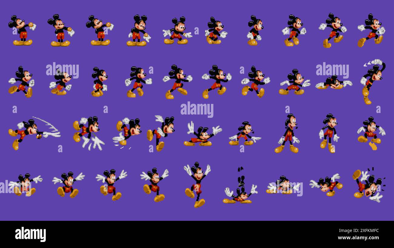 Kiev, Ukraine - 23 mars 2021 : ensemble de mouvements Mickey Mouse, art du jeu vidéo classique Mickey Mania, illustration vectorielle de conception de pixels. Mickey Mania est un Illustration de Vecteur