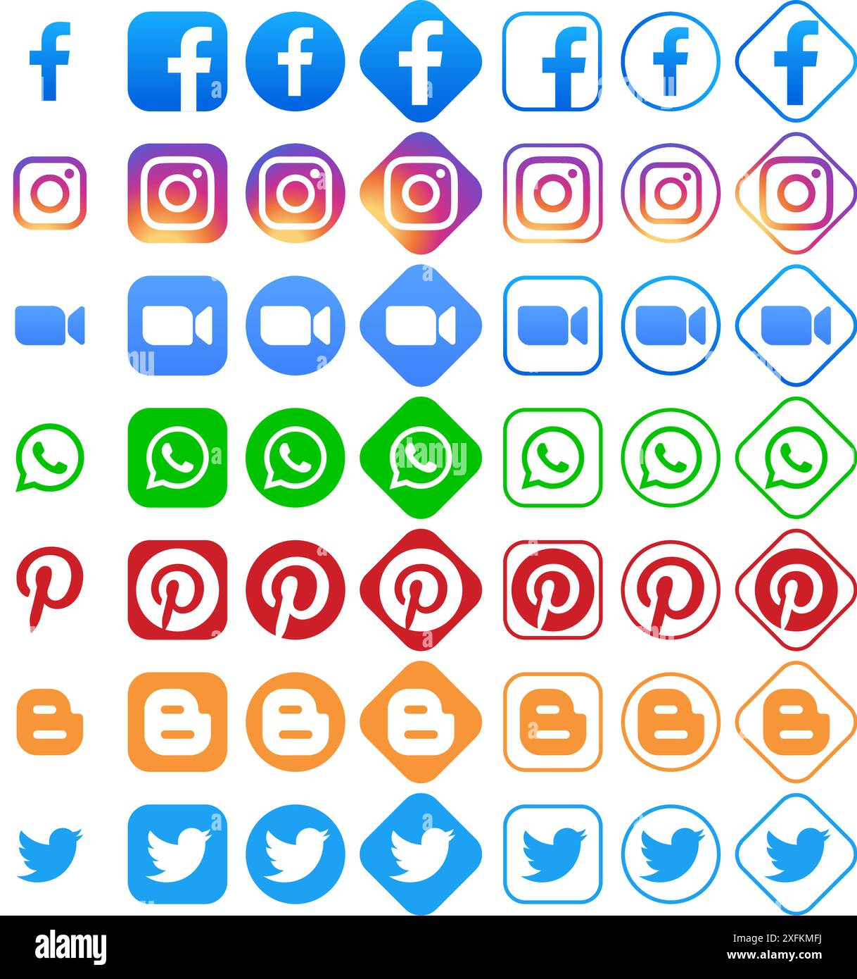 Kiev, Ukraine - 11 mars 2021 : icônes populaires de médias sociaux sous différentes formes, telles que : Facebook, Instagram, Zoom, WhatsApp, Pinterest, Blogger, Twitt Illustration de Vecteur